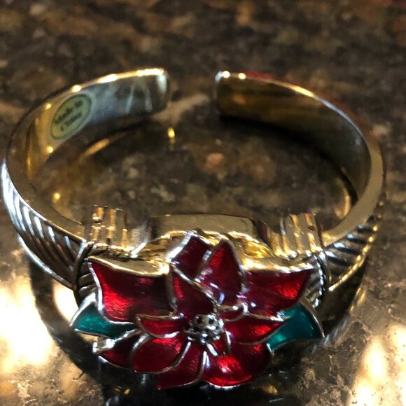 -Pretty Poinsettia Cuff Watch Plus Pierced Earrings - Picture 6 of 6